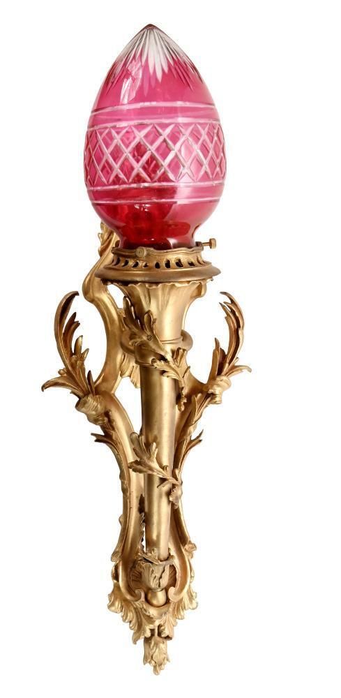 Pair French Gilt Bronze Wall Lights Sconces Cranberry Cut Glass Shades Louis XV Revival photo for sale