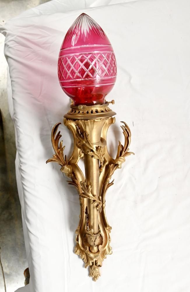 Pair French Gilt Bronze Wall Lights Sconces Cranberry Cut Glass Shades Louis XV Revival photo 1450.0