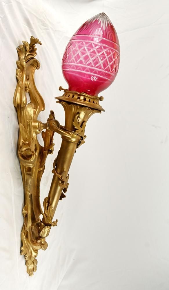 Pair French Gilt Bronze Wall Lights Sconces Cranberry Cut Glass Shades Louis XV Revival photo buy