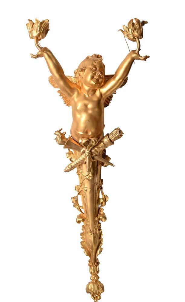 Pair French Gilt Bronze Cherub Wall Lights Louis XVI Revival photo furniture