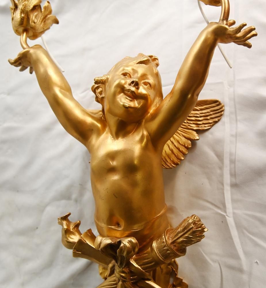 Pair French Gilt Bronze Cherub Wall Lights Louis XVI Revival photo vintage