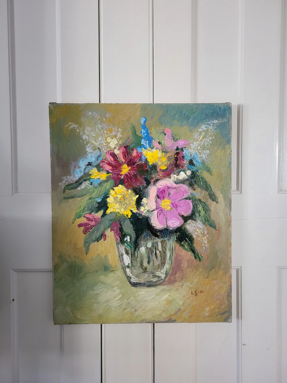 275.0 Garden Flowers In Glass  Original Vintage Floral Oil Painting photo