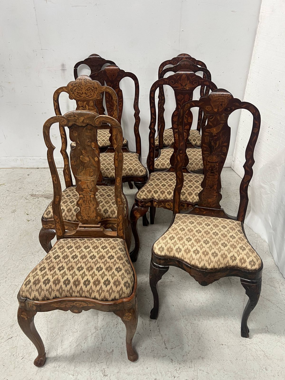 Set Of Eight Dutch Marquetry Chairs From The 19th Century. photo for sale