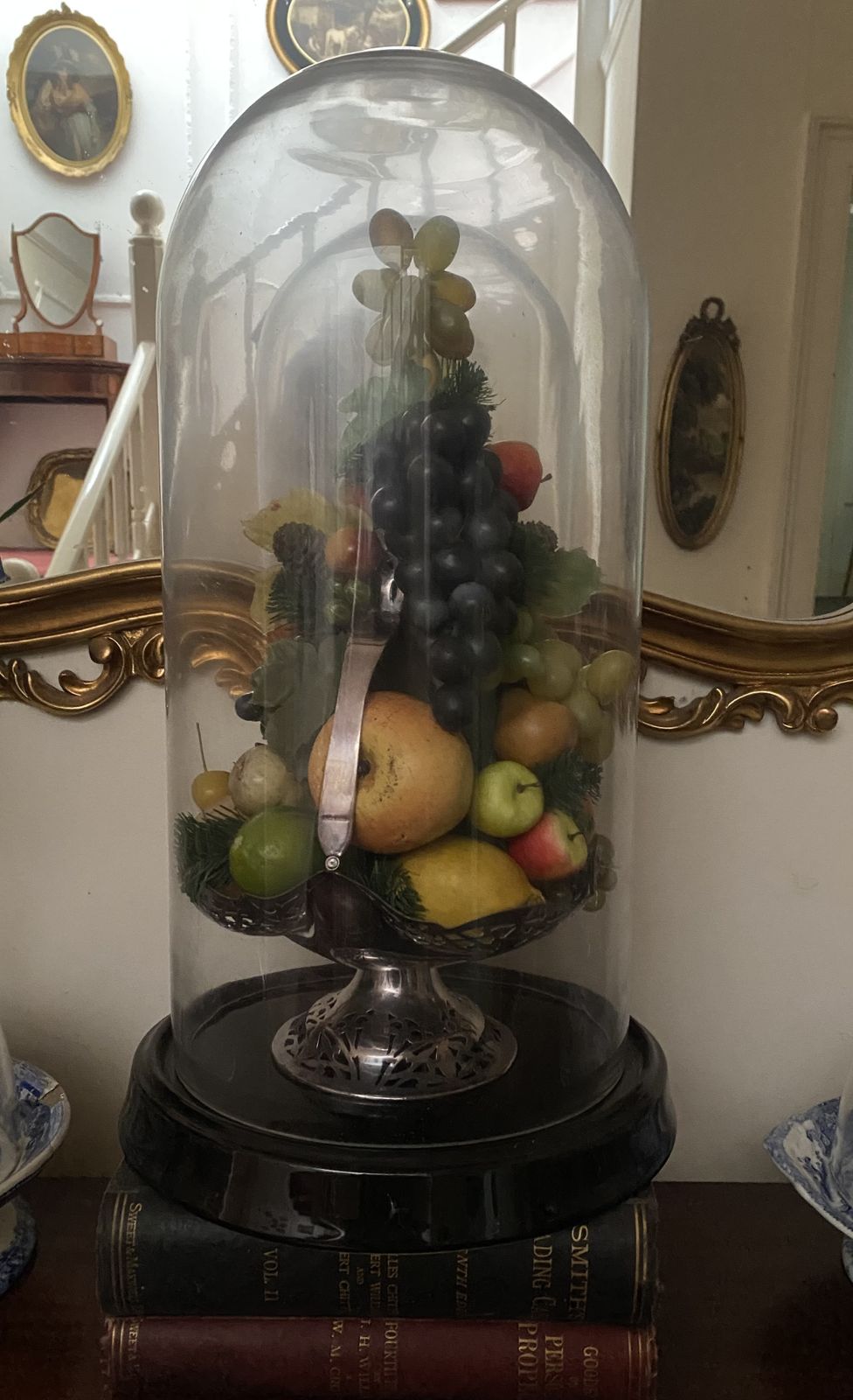 Victorian Style Glass Dome On Black Base Complete With Arrangement Of Fruit In Silver Plated Basket photo Home Decor