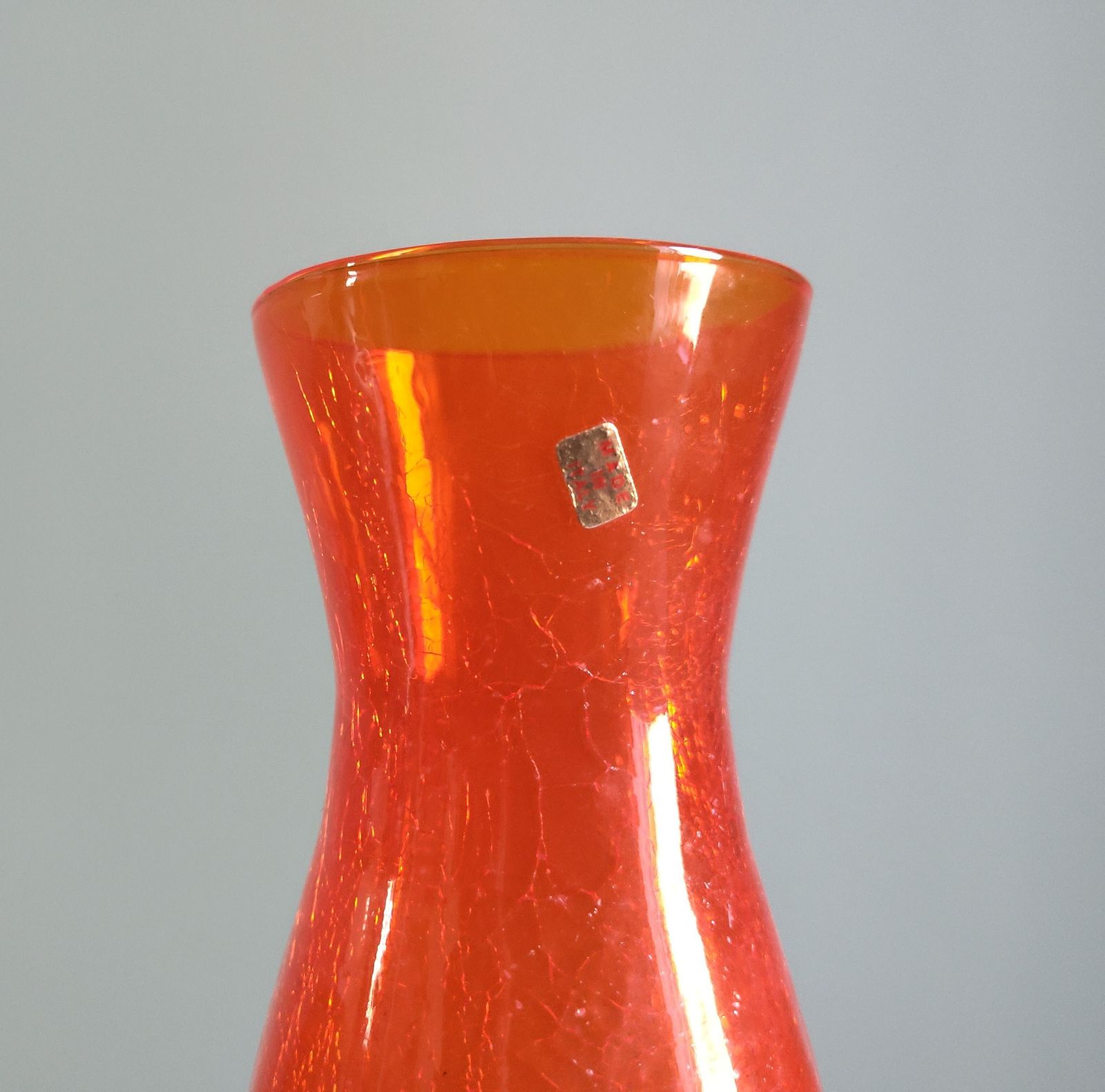 Elegant Mid‑Century Italian Cased Glass Vase (C. 1960s–1970s) Clear Over Bright Orange • Twisted Stem • Crinkled Inner Texture • 37.5 Cm • Original Sticker photo 495.0