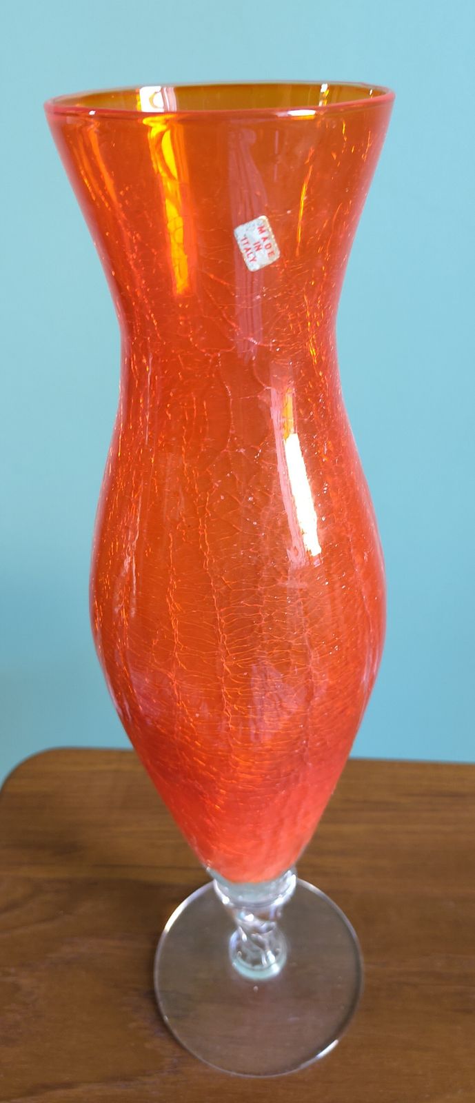 photo for sale Elegant Mid‑Century Italian Cased Glass Vase (C. 1960s–1970s) Clear Over Bright Orange • Twisted Stem • Crinkled Inner Texture • 37.5 Cm • Original Sticker