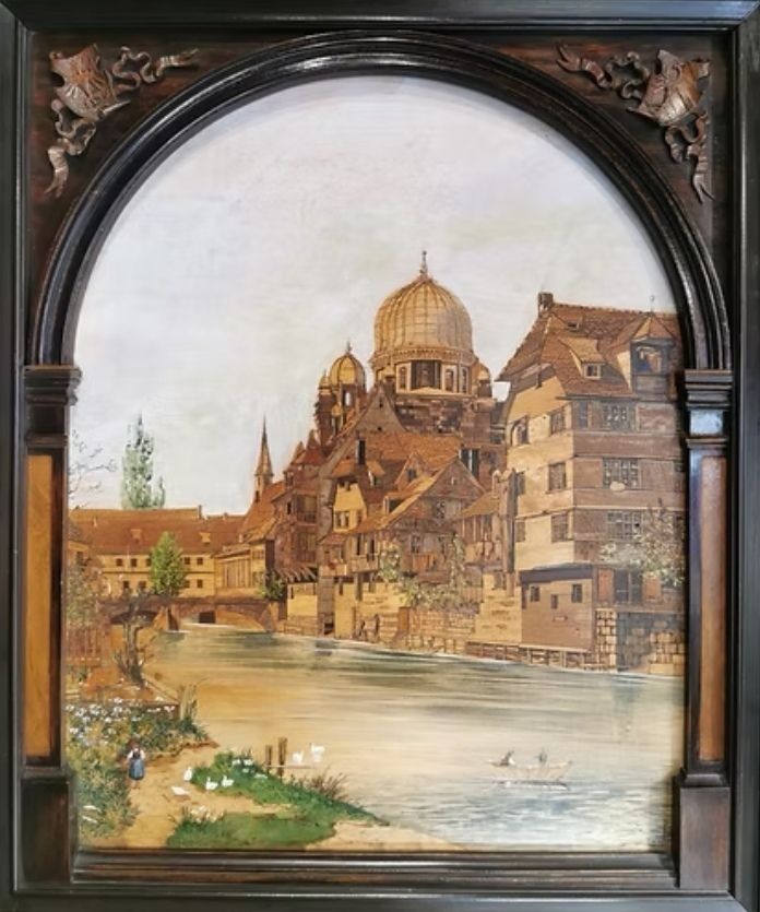 19th Century Marquetry Wall Hanging Picture Of Nuremberg Town And River Scene In Ornate Frame photo furniture