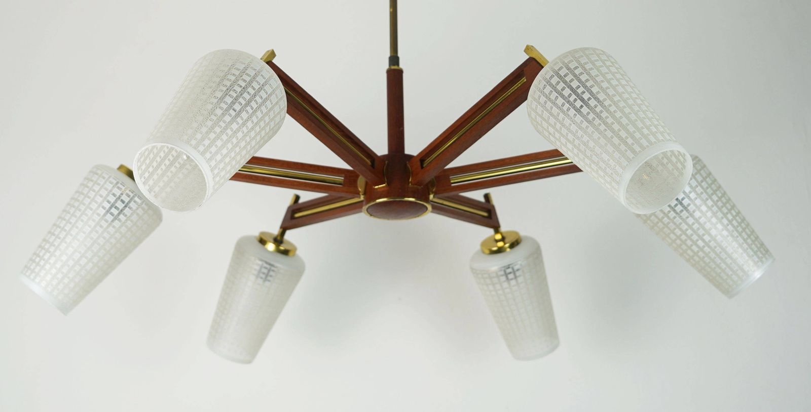 1960s Mid Century Sputnik 8 Light Chandelier Teak Brass Glass Ceiling Light photo furniture