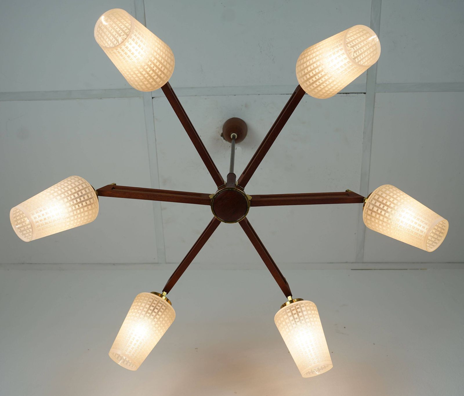 655.0 1960s Mid Century Sputnik 8 Light Chandelier Teak Brass Glass Ceiling Light photo