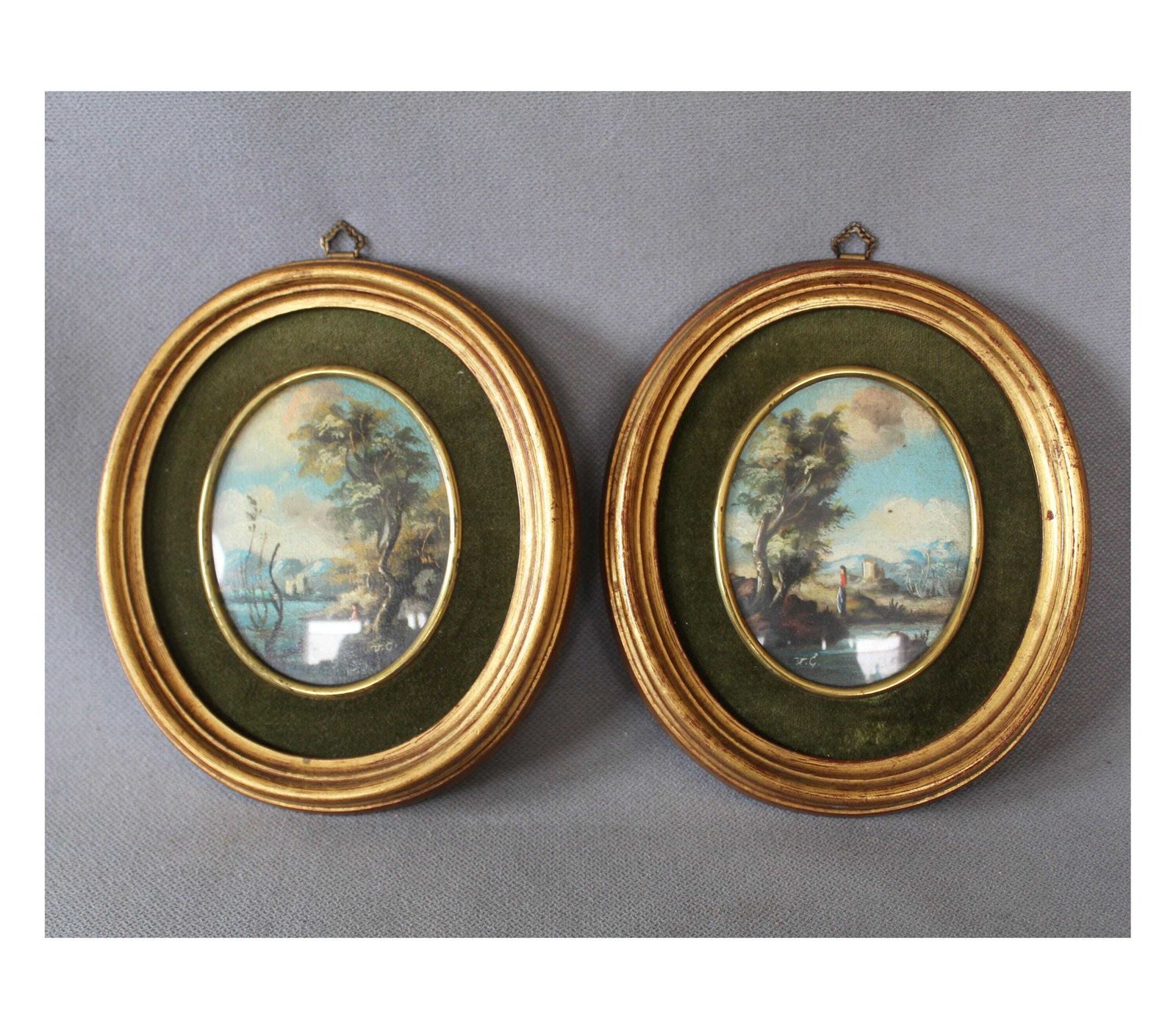 Set Of Two Small Vintage Italian Scenic Landscape Paintings, Oval Gilded Wood Frame, Convex Glass, Velvet Matting, Signed, Hand Painted,