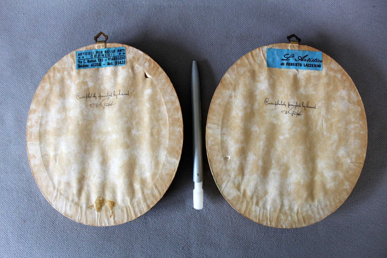 110.0 Set Of Two Small Vintage Italian Scenic Landscape Paintings, Oval Gilded Wood Frame, Convex Glass, Velvet Matting, Signed, Hand Painted, photo