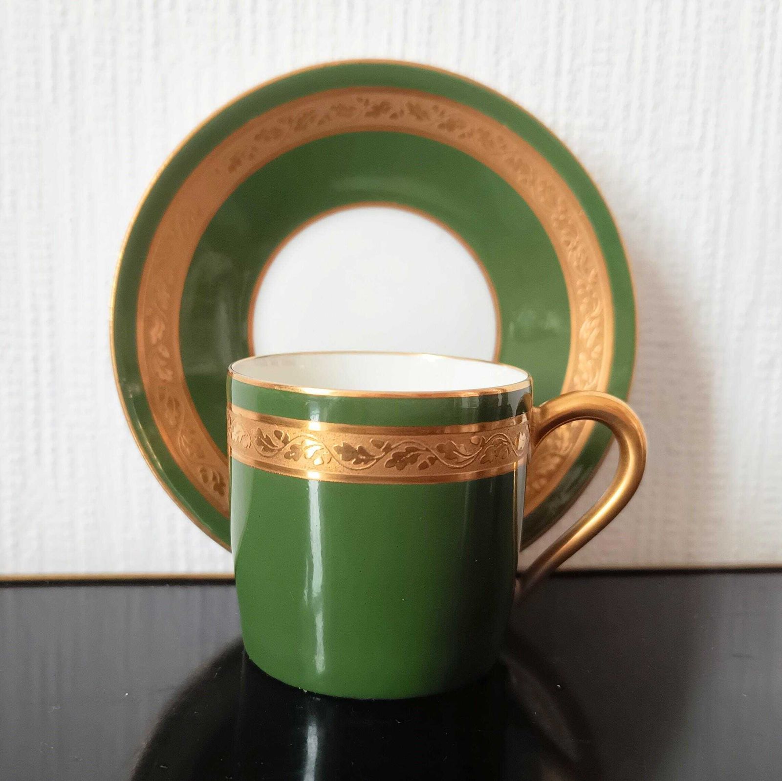 Art Deco Limoges Arlequin Collection: 3 Cups & Saucers, Acid Etched Oak Leaf Gilding, 1929 photo buy