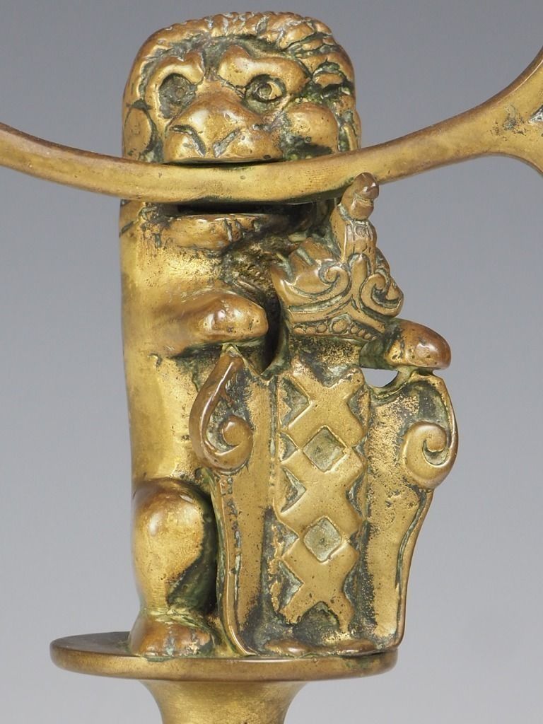 19th Century Dutch Brass Lion Candelabra Candle Holder photo vinterior