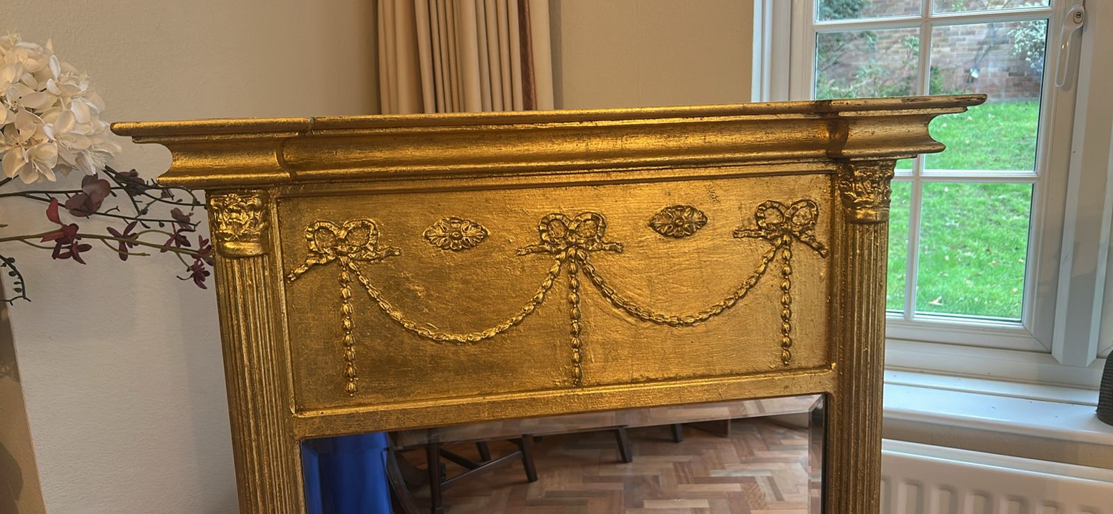 Large Bevelled Gilt Framed Mirror With Swag Decoration, In 19th Century Style