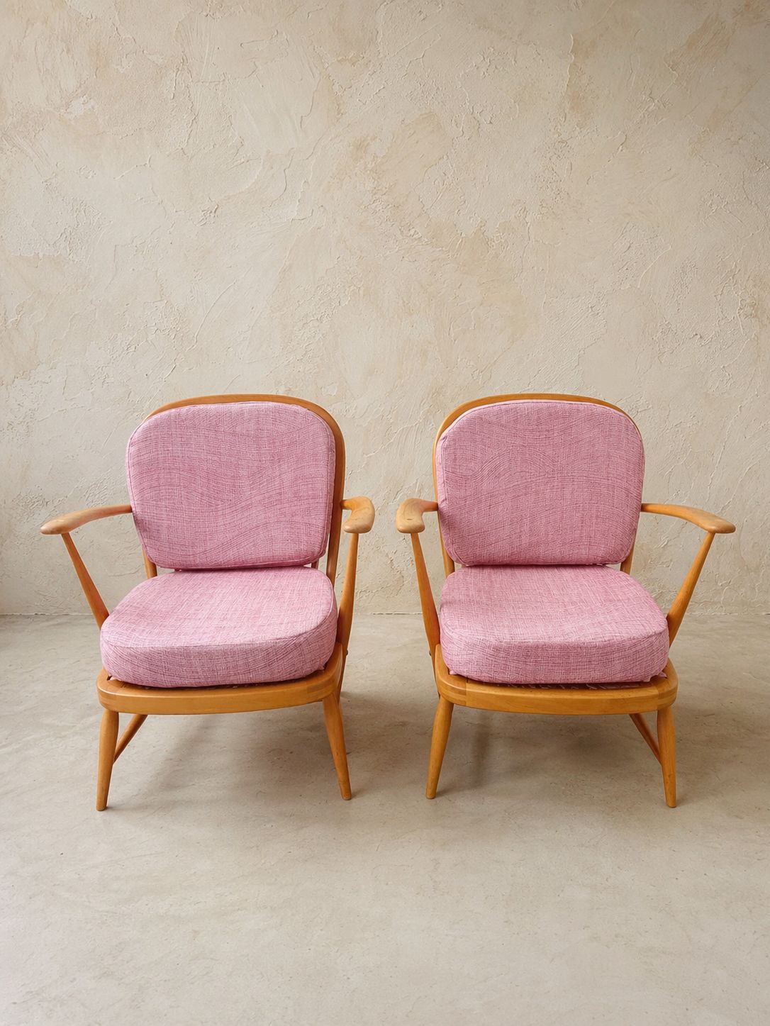 Pair Of Mid Century Ercol Armchairs Reupholstered In Fermoie ‘Wave’ Linen