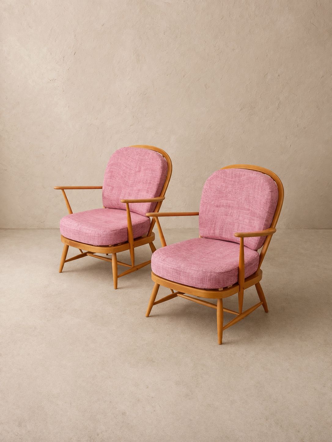 Pair Of Mid Century Ercol Armchairs Reupholstered In Fermoie ‘Wave’ Linen photo furniture