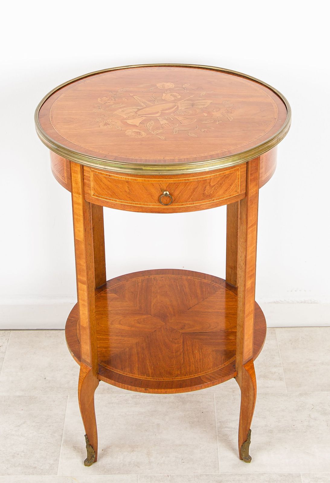 Antique French Inlaid Round Side Table With Drawer & Brass Gallery