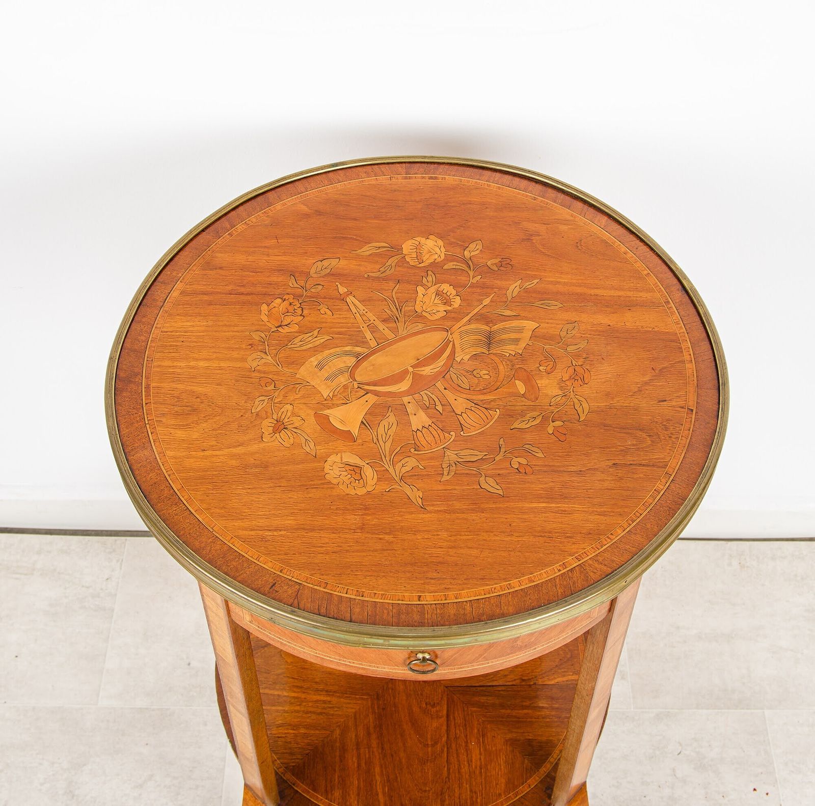 Antique French Inlaid Round Side Table With Drawer & Brass Gallery photo for sale