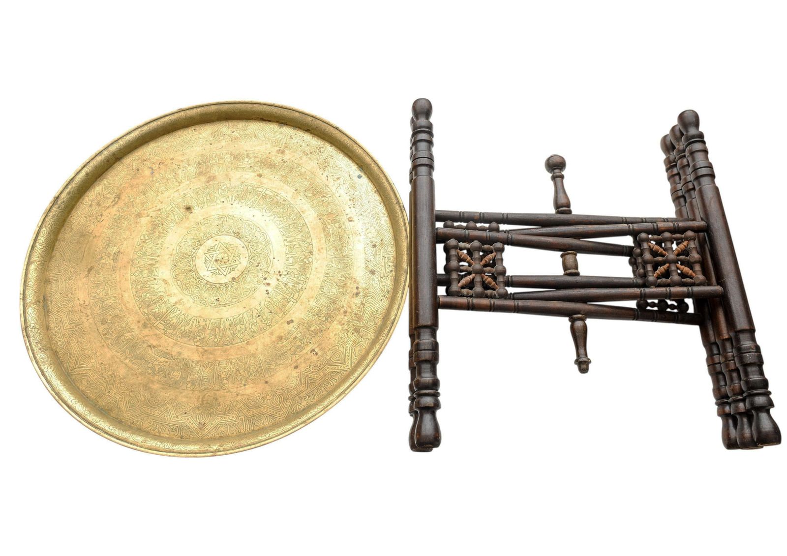 A Traditional Liberty Of London Style Hand Crafted Middle Eastern Folding Tea Table With Removable Brass Circular Top photo vintage
