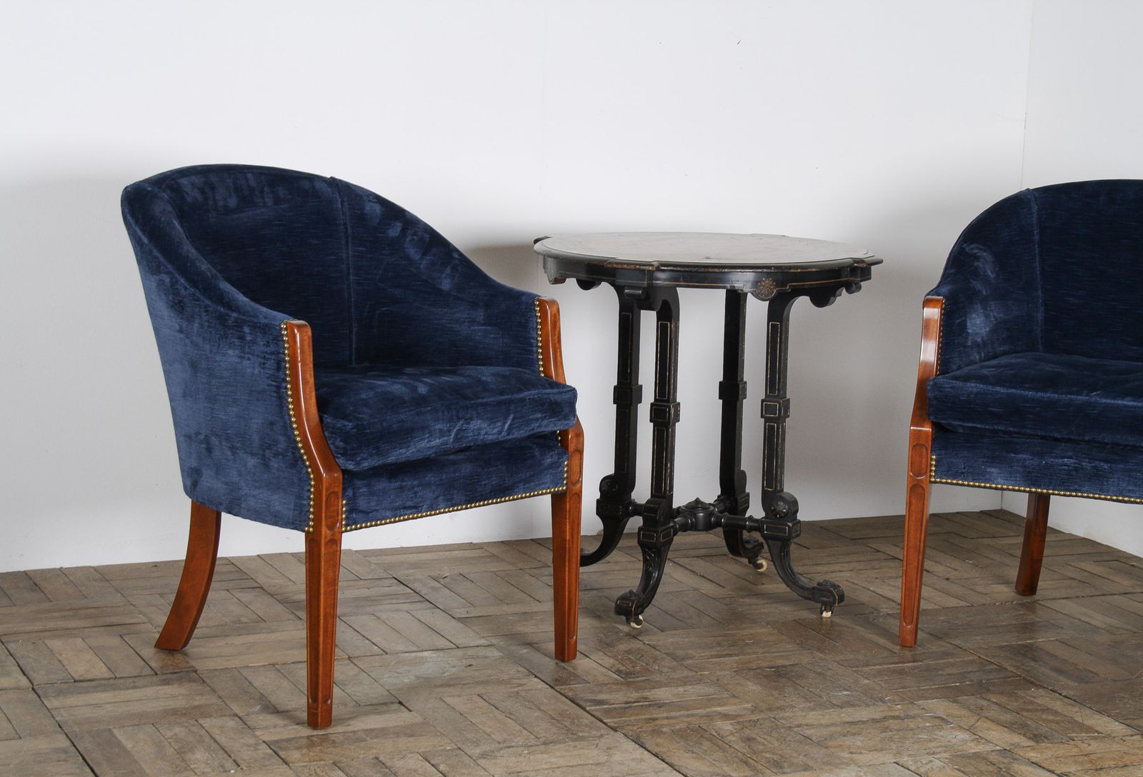 photo for sale A Pair Of Arthur Brett Tub Chairs In Navy Blue 1980s – Fine English Furniture