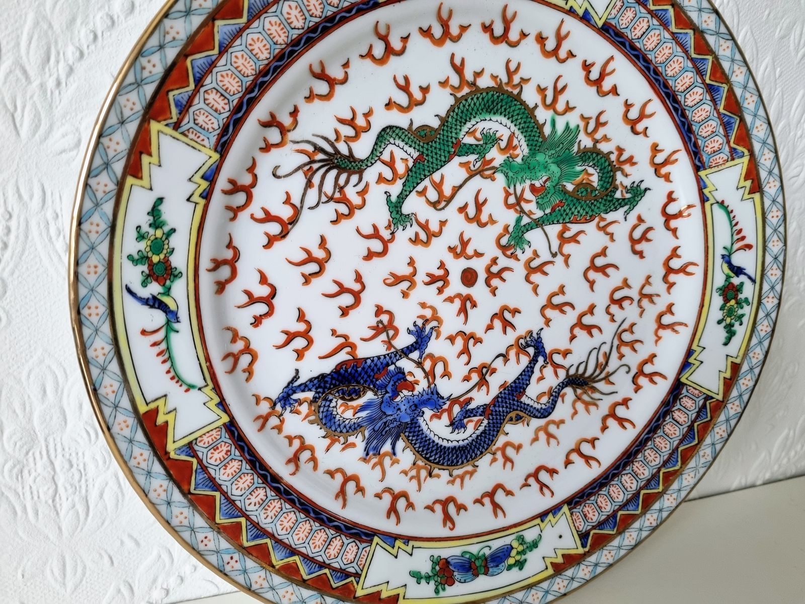 Chinese Porcelain Plate With Dragons, 1980s Oriental Art photo Home Decor