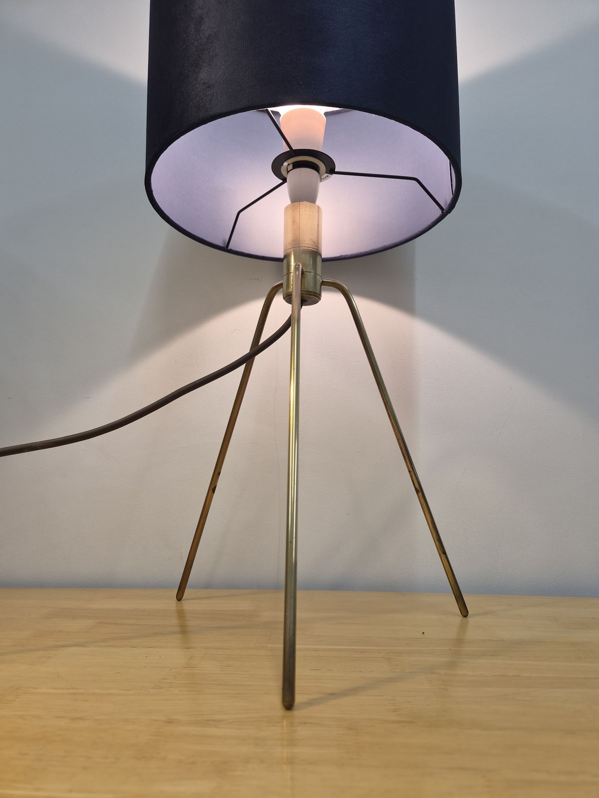 Mid Century Brass Tripod Table Lamp With Blue Drum Shade Minimalist Atomic Style, 1960s photo for sale