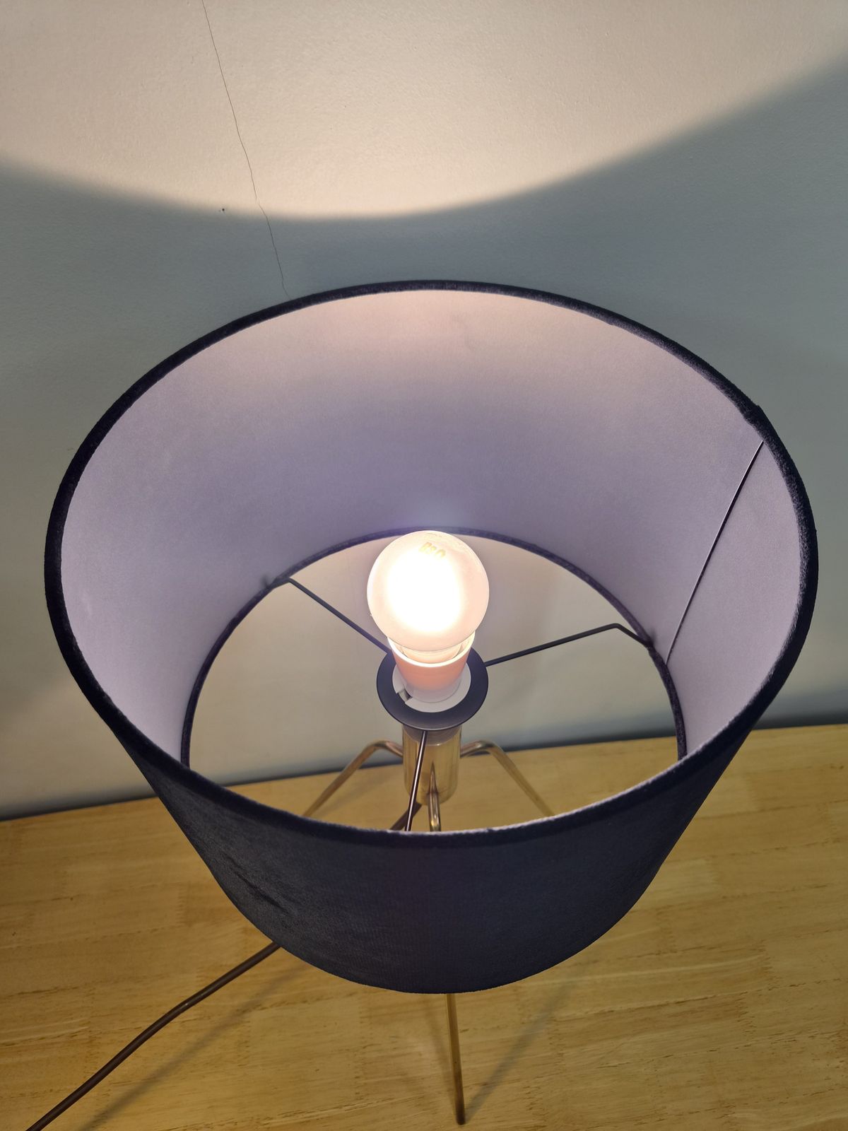 Mid Century Brass Tripod Table Lamp With Blue Drum Shade Minimalist Atomic Style, 1960s photo Lighting