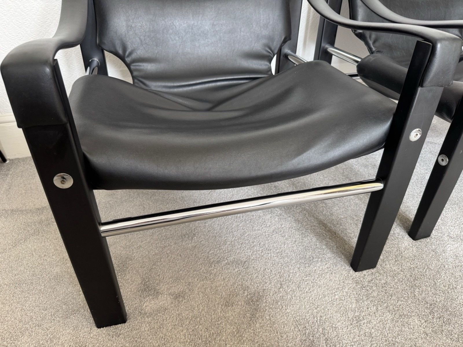 Arkana Safari Chairs By Maurice Burke. Black & Chrome. Pair Of Chairs. photo for sale