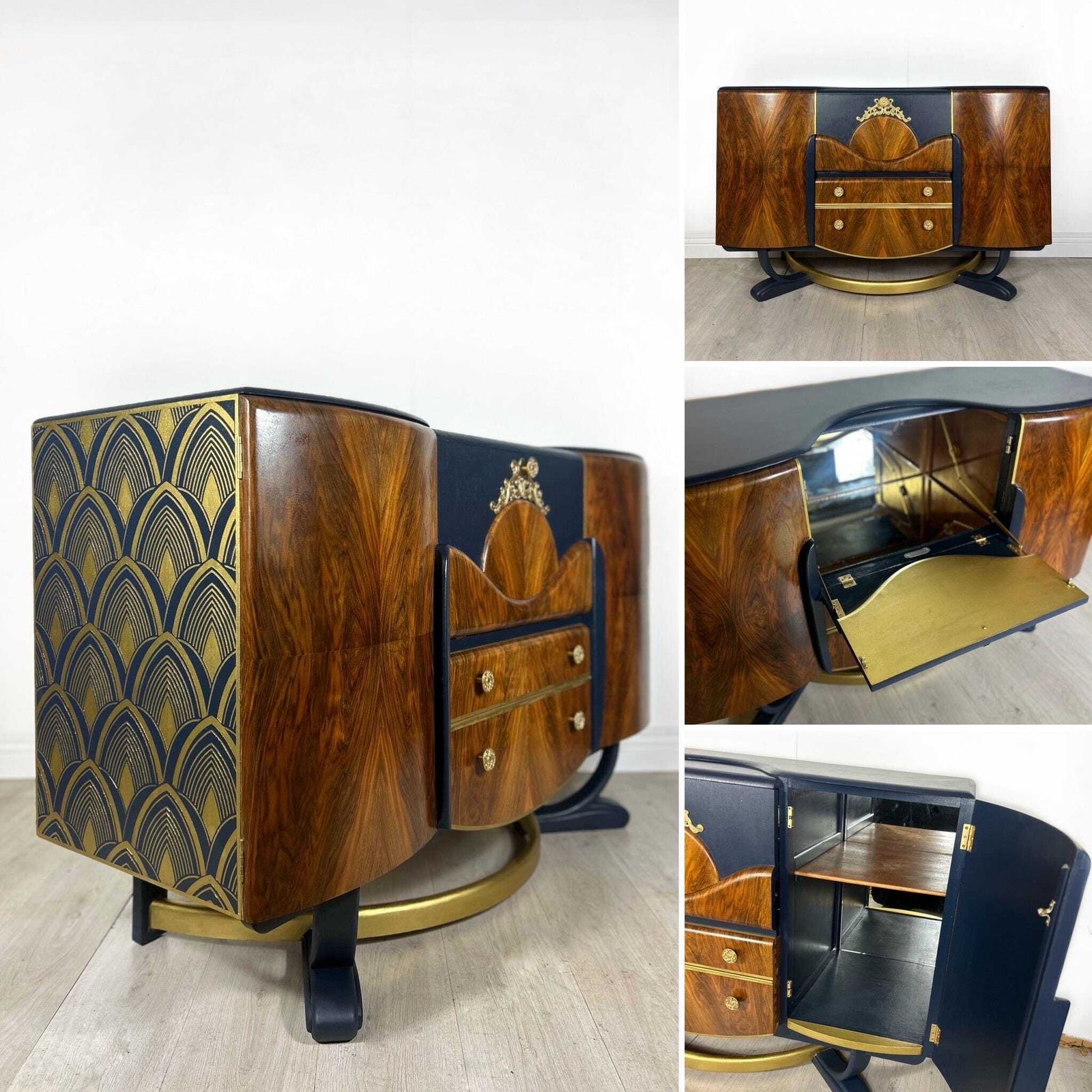 Blue And Gold Art Deco Beautility Cocktail Cabinet photo vinterior