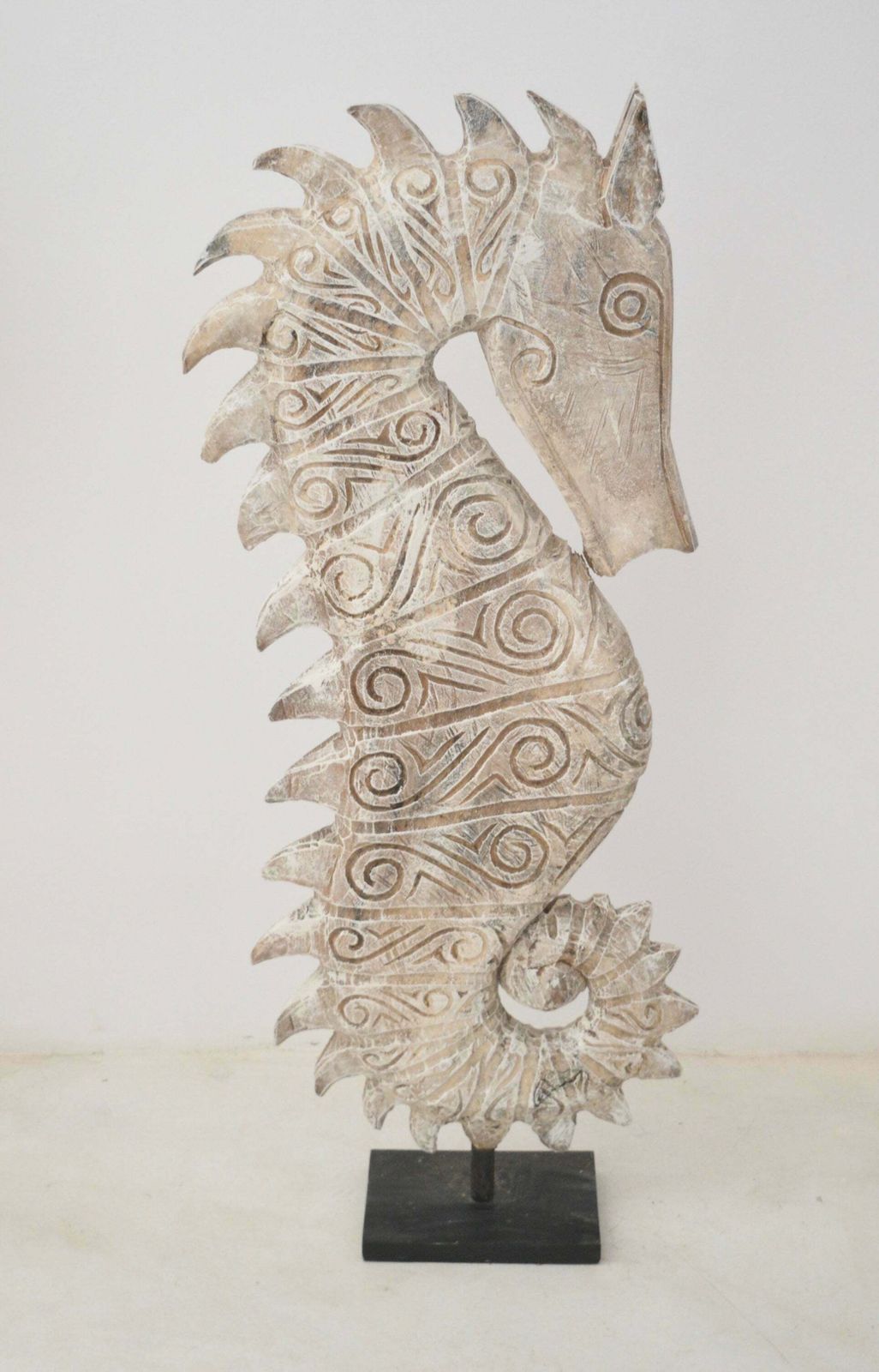 Sea Horse Huge White Wood Sculpture With Iron Stand