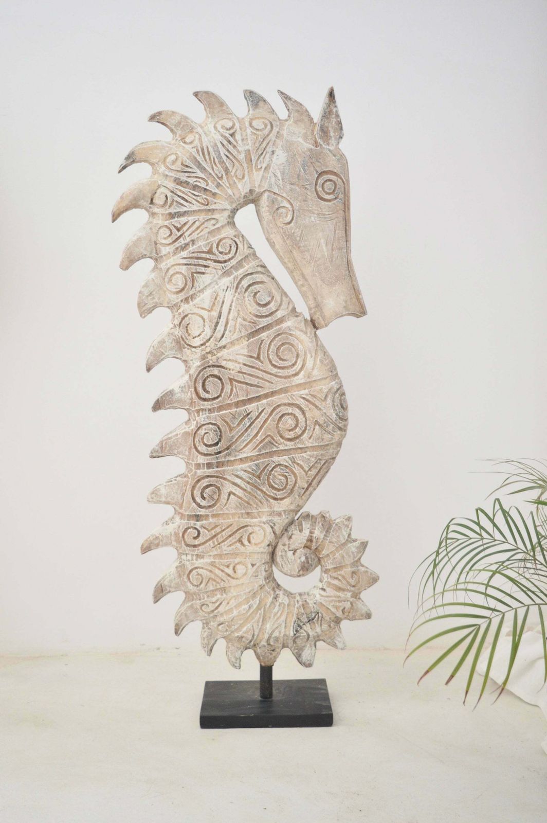 Sea Horse Huge White Wood Sculpture With Iron Stand photo Art