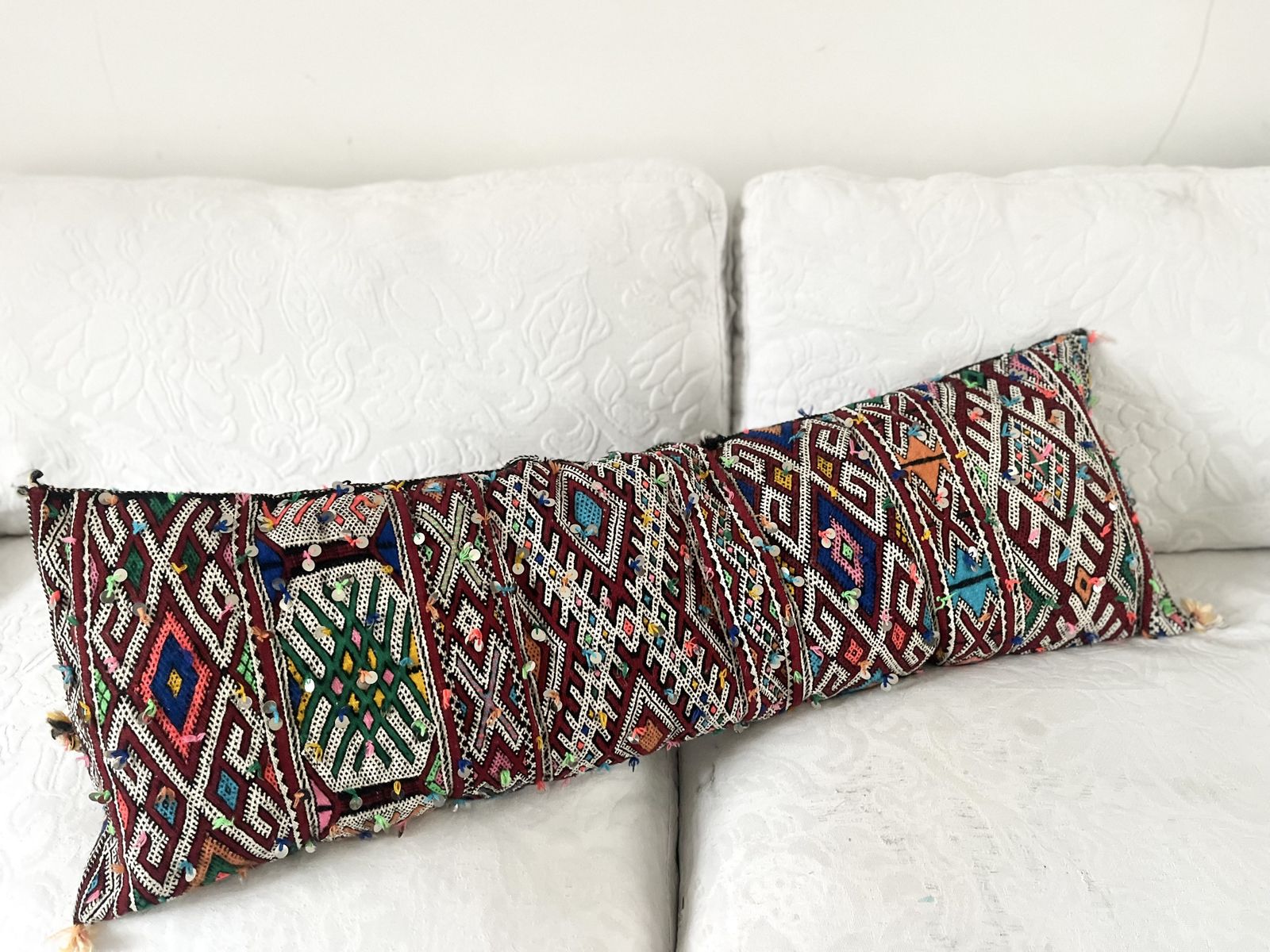 Vintage Moroccan Berber Xxxl Amazigh Tribal Motifs, Wool & Silk Rich Multicolour Tones Hand Sewn Sequinned Double Sided  Stuffed Cushion photo 390.0