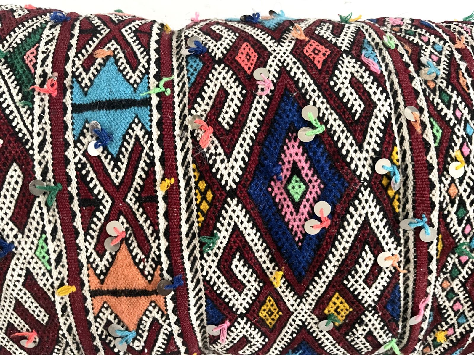 Vintage Moroccan Berber Xxxl Amazigh Tribal Motifs, Wool & Silk Rich Multicolour Tones Hand Sewn Sequinned Double Sided  Stuffed Cushion photo buy