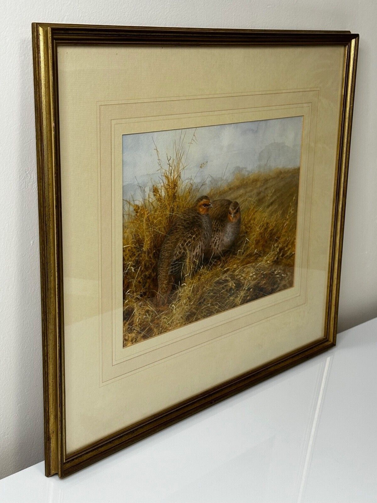 Grey Partridges Watercolour – British Wildlife Painting, Gilt Framed, In The Manner Of Archibald Thorburn photo furniture