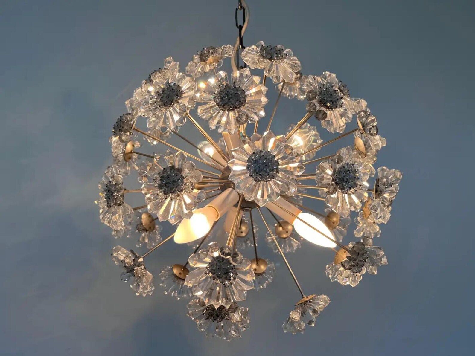Sputnik Dandelion Chandelier Glass Chrome Emil Stejnar Style 1970s Czechoslovakia. photo furniture