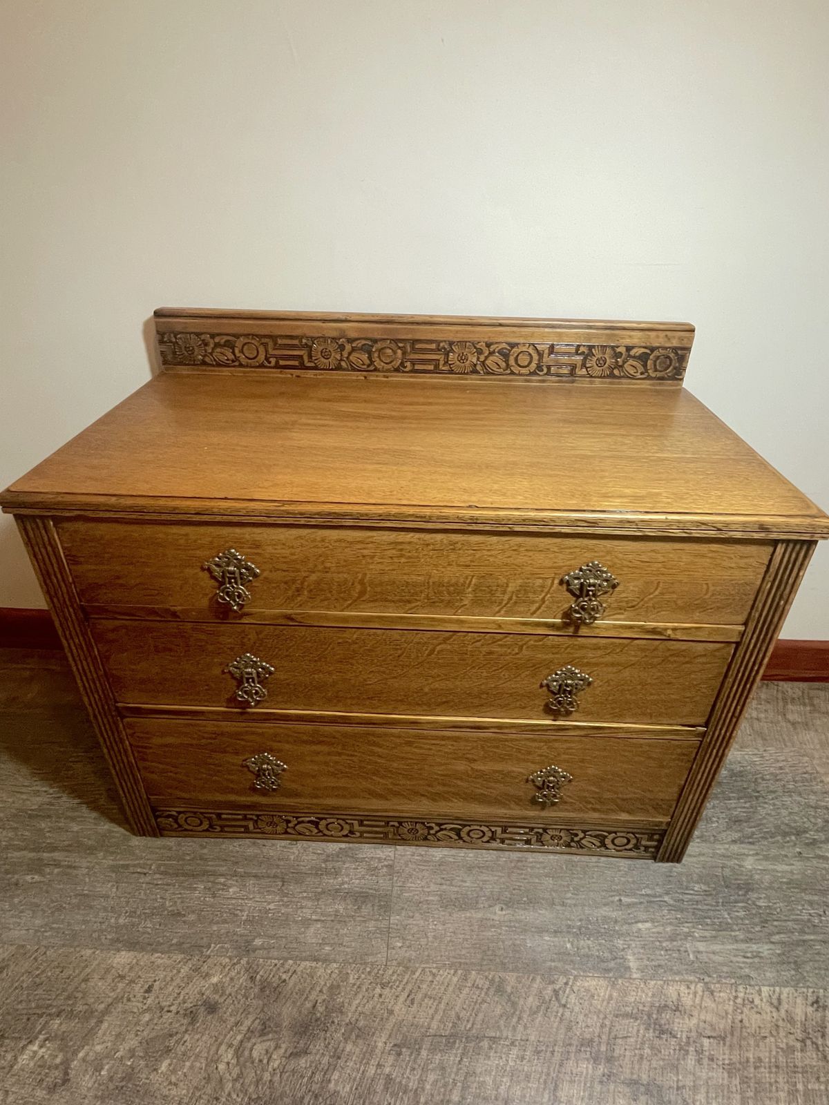 Carved Oak Chest Of Drawers | Vintage 3 Drawer Commode With Ornate Handles & Greek Key Motif photo for sale