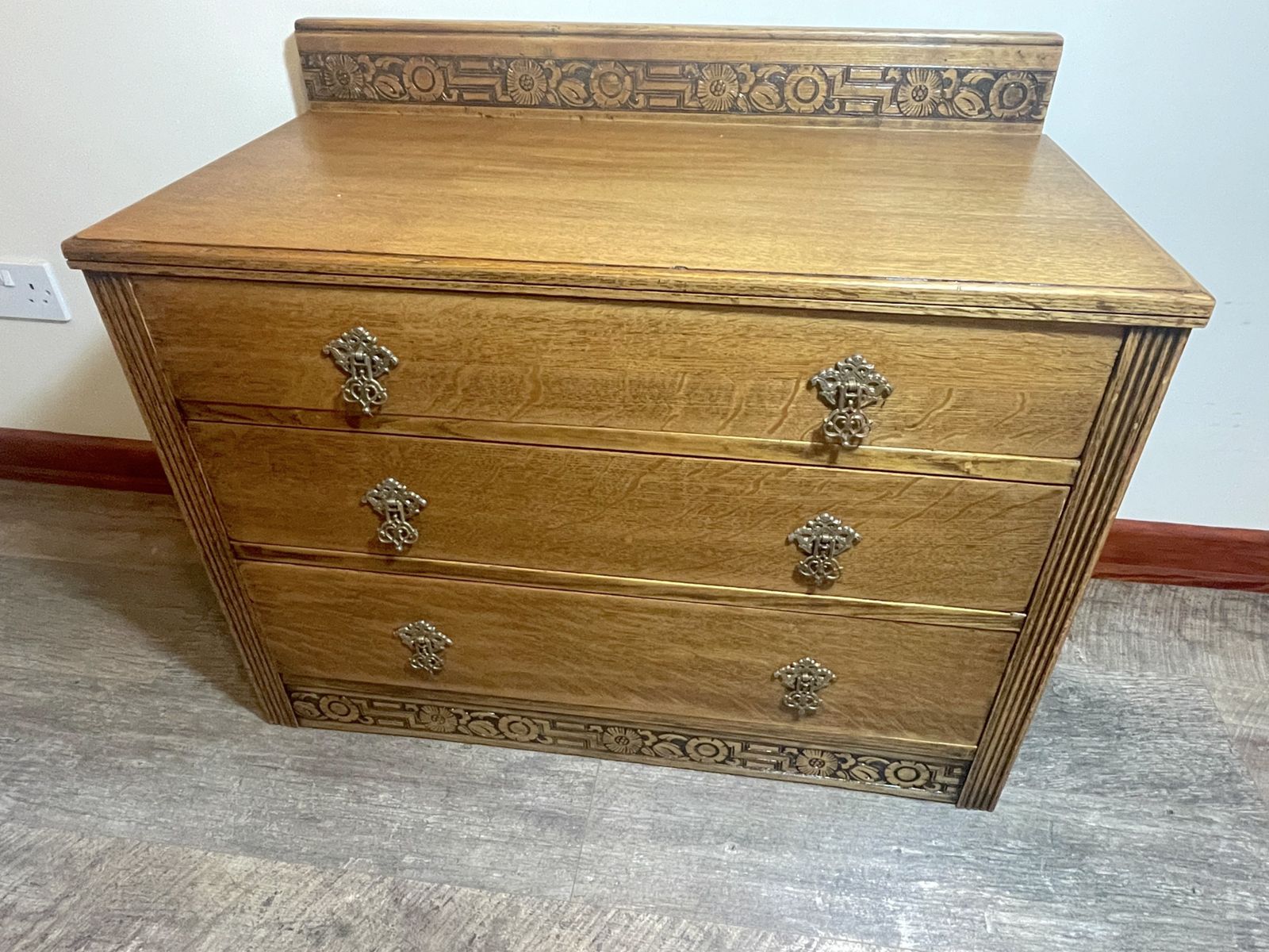 Carved Oak Chest Of Drawers | Vintage 3 Drawer Commode With Ornate Handles & Greek Key Motif photo furniture