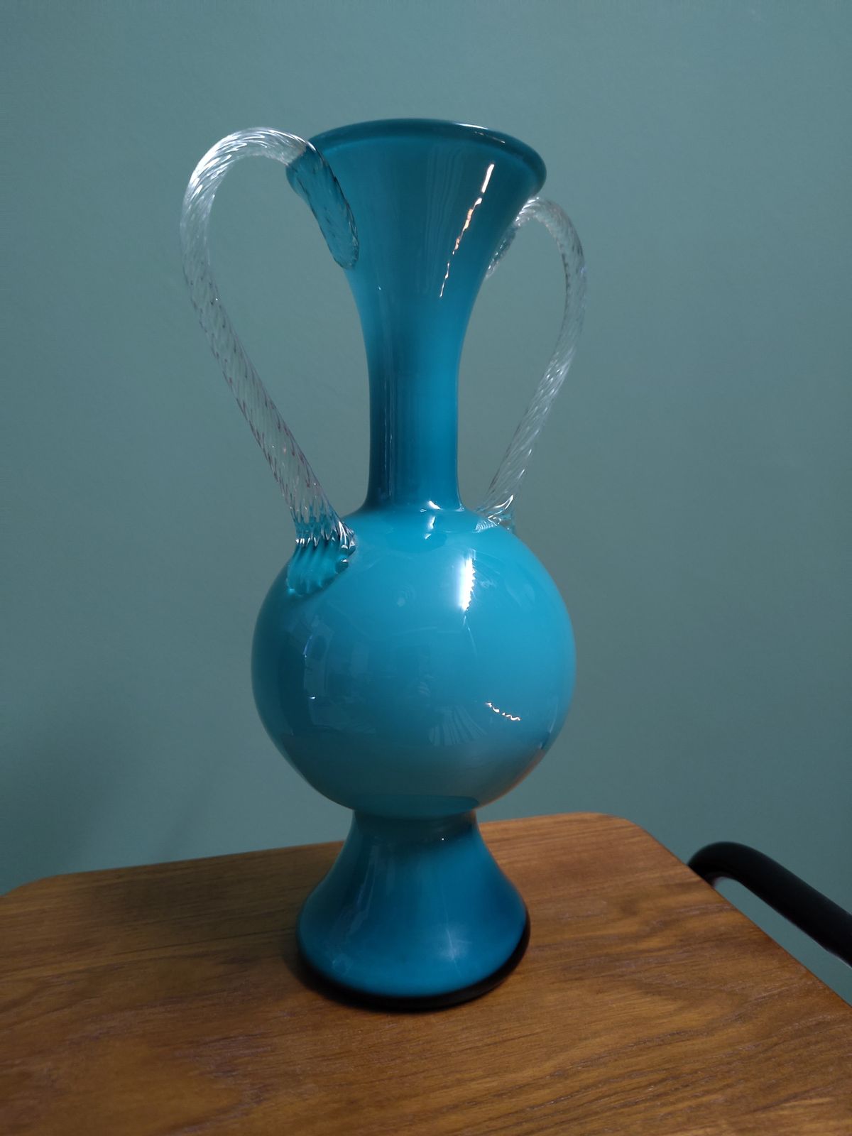 photo furniture Museum Grade Jugendstil ‘Petrol’ Cased Glass Amphora (C. 1900) Luminous Deep Blue Over Opaline | Hand Blown 32.5cm Sculptural Form | Twisted Clear Handles | Four Generation Provenance