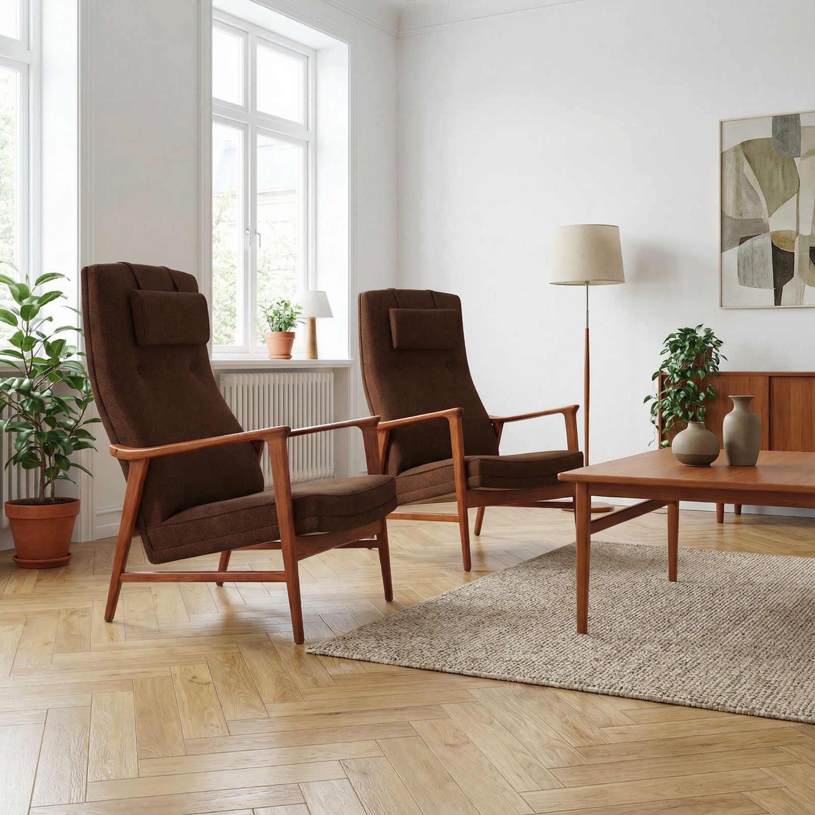 Pair Of Mid Century Folke Ohlsson “Duxiesta” Adjustable Teak Lounge Chairs In Brown Wool, Dux Sweden, 1960s photo vinterior