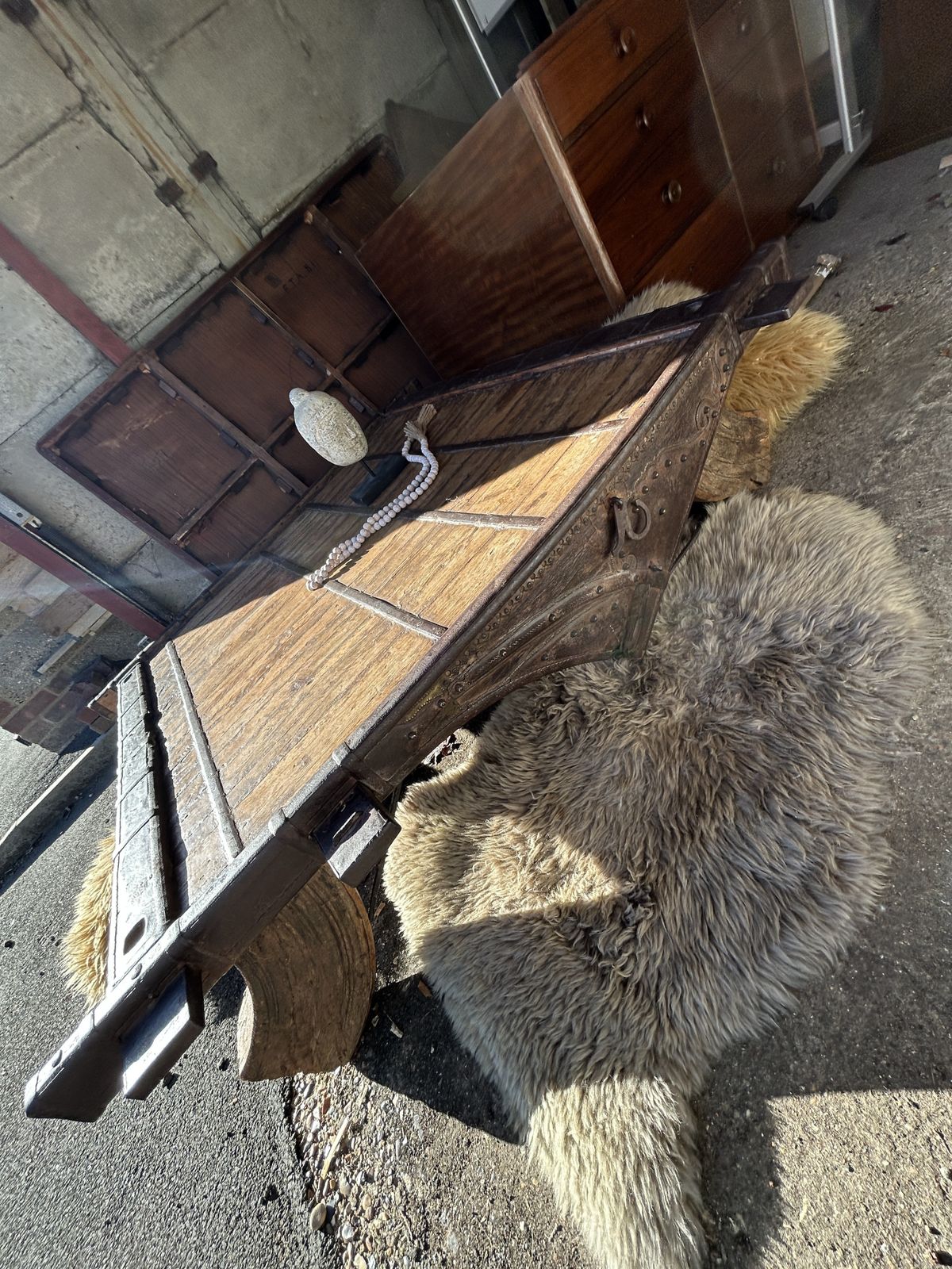 Antique Tibetan Ox Cart Wood And Metal Coffee Table photo furniture