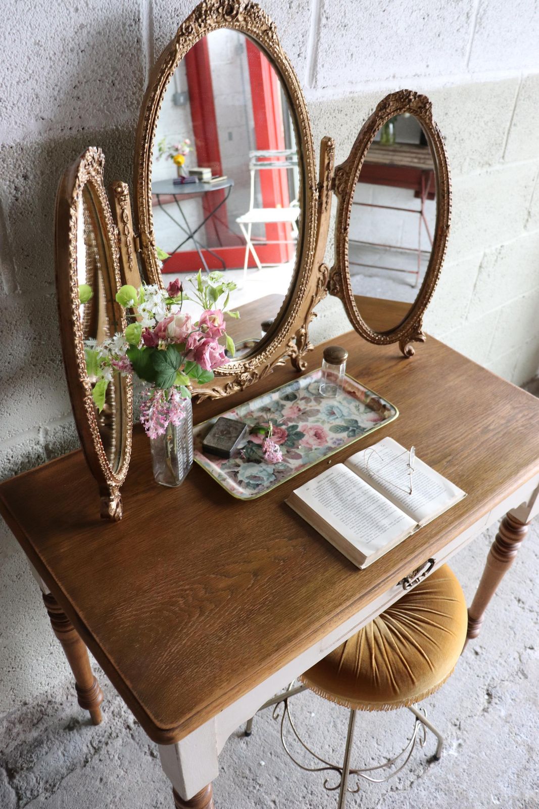 Part Painted Pine And Oak Washstand, Dressing Table Or Desk In Stone Rosie photo vintage