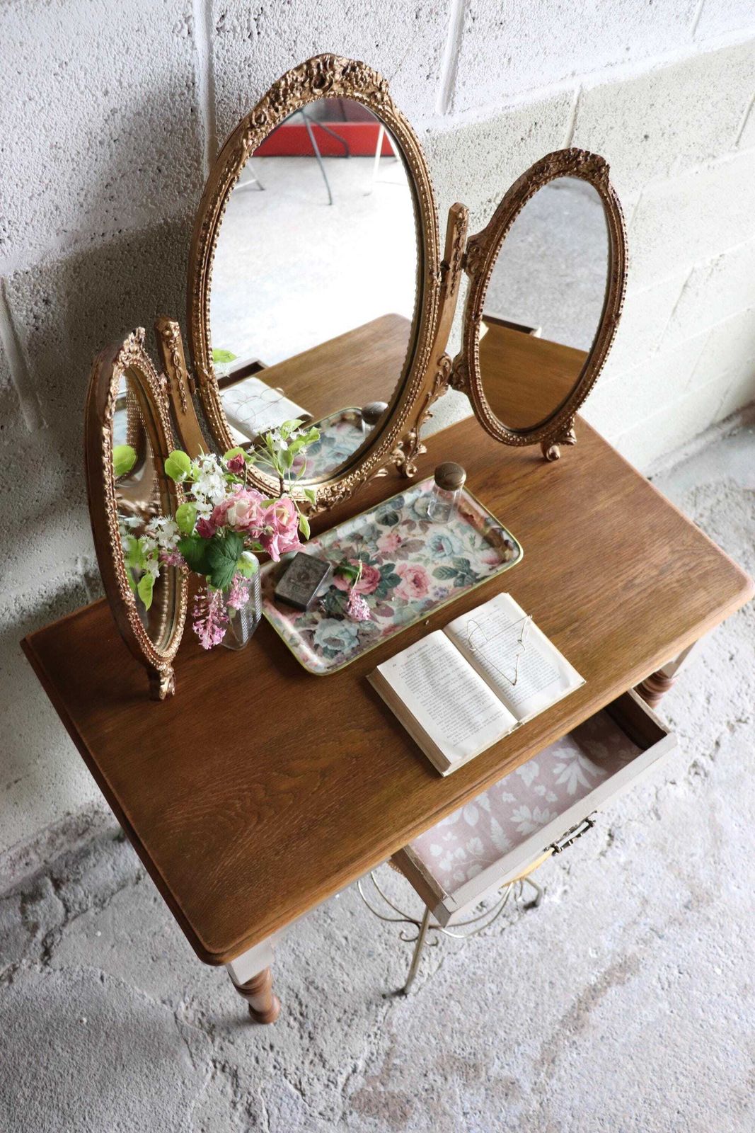 photo furniture Part Painted Pine And Oak Washstand, Dressing Table Or Desk In Stone Rosie