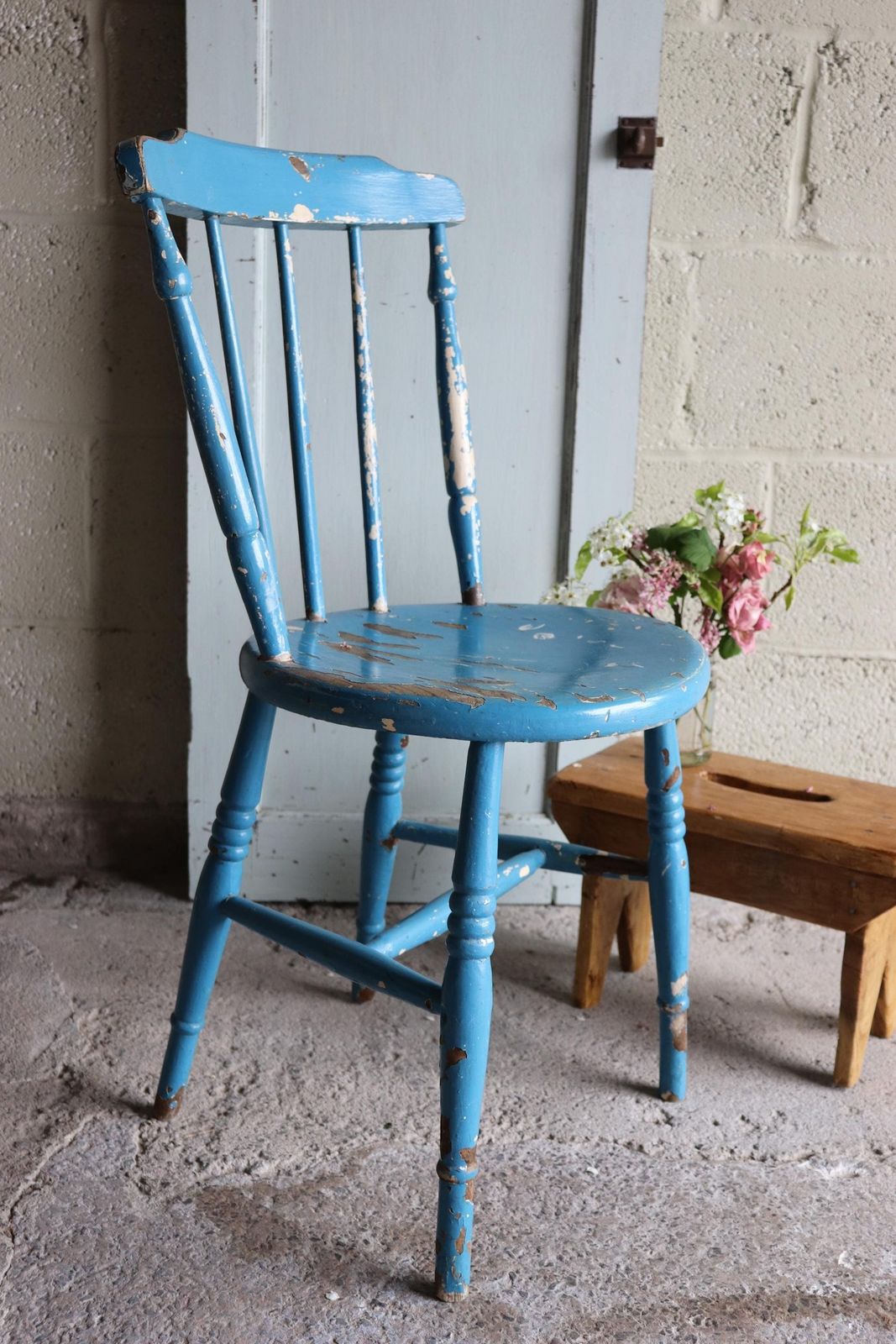 Furniture Charming Orignal Shabby Blue Painted Spindle Back Farmhouse Penny Chair photo