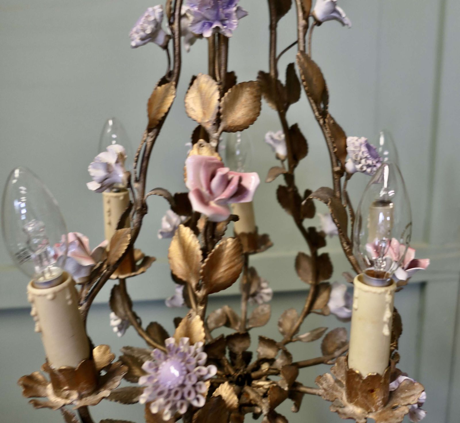 French Gilt Toleware And Floral Ceramic 6 Branch Chandelier photo for sale