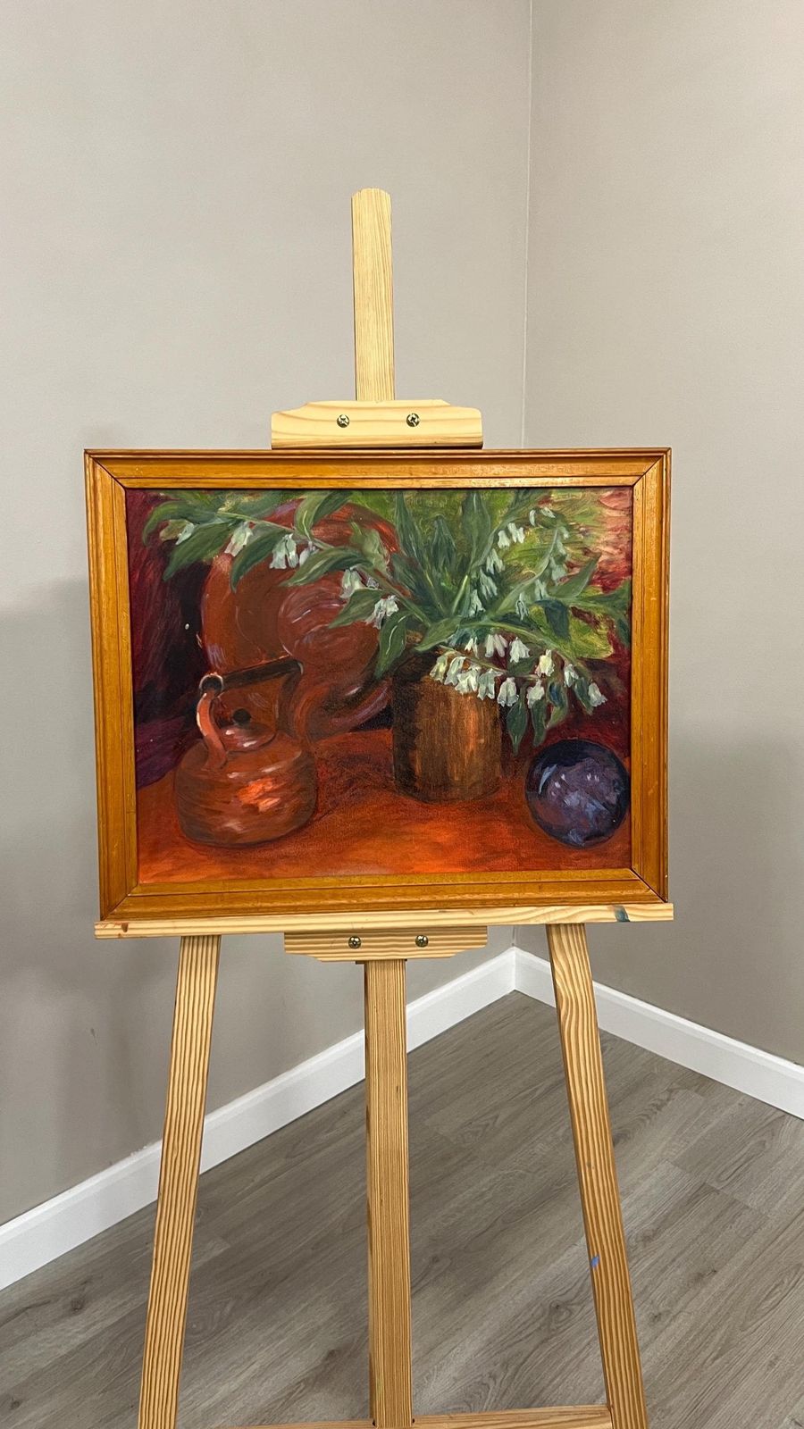photo for sale Mid Century Oil On Board Still Life Picture Flowers And Fruit Framed Painting