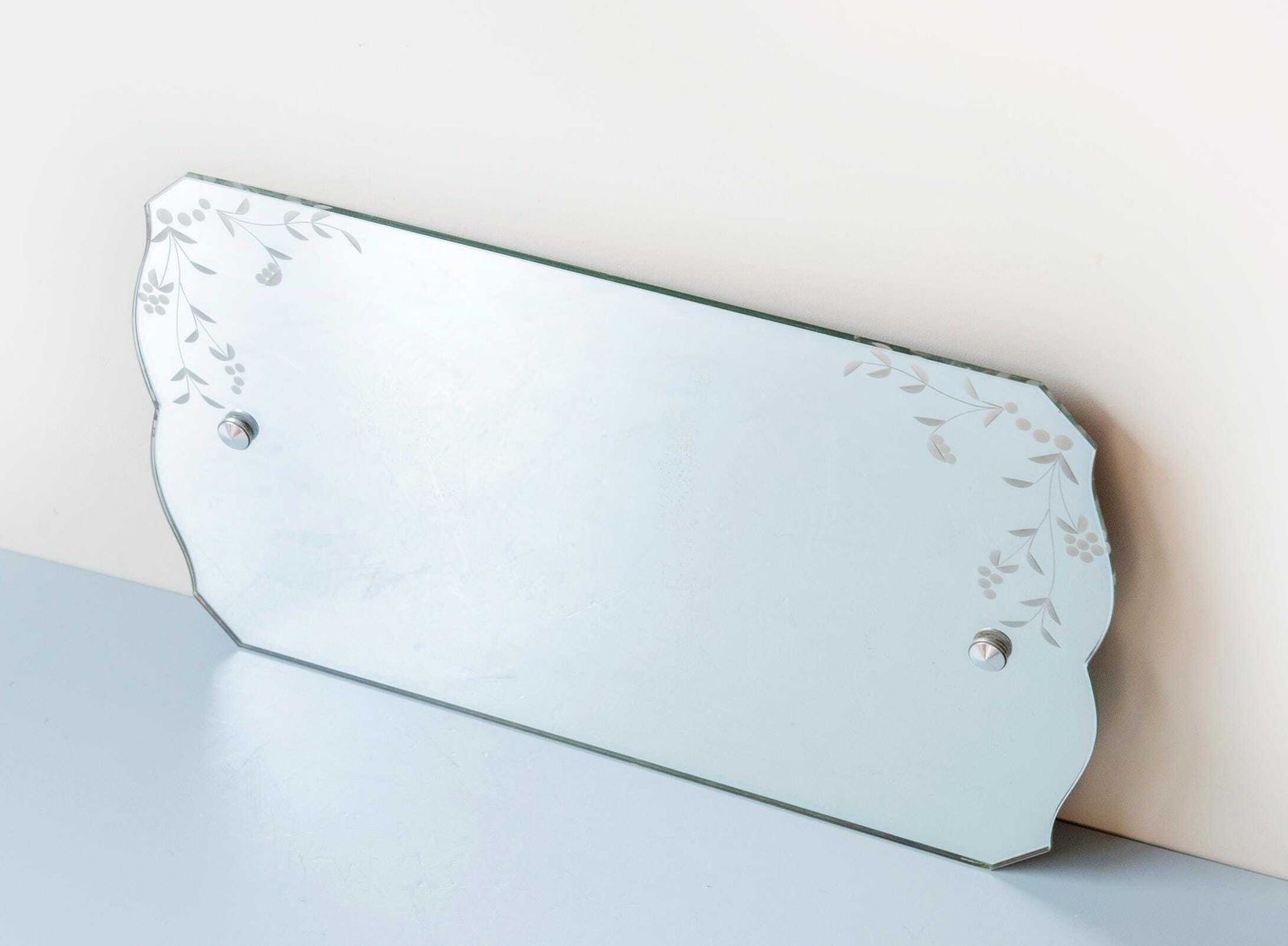Antique Frameless Mirror   Art Deco Wall Mirror With Etched Floral Glass, 1940s photo for sale