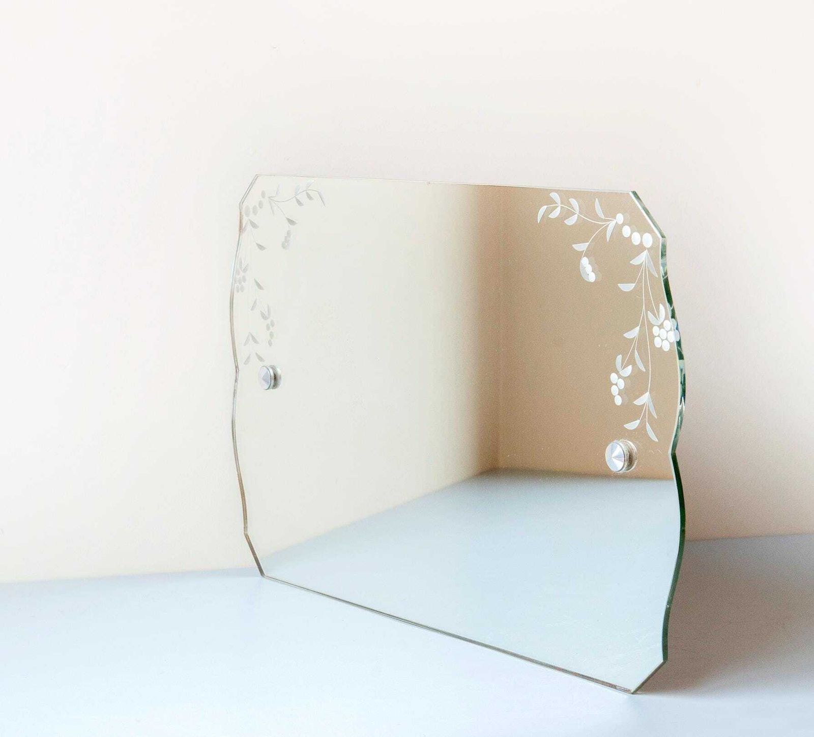 Antique Frameless Mirror   Art Deco Wall Mirror With Etched Floral Glass, 1940s photo buy