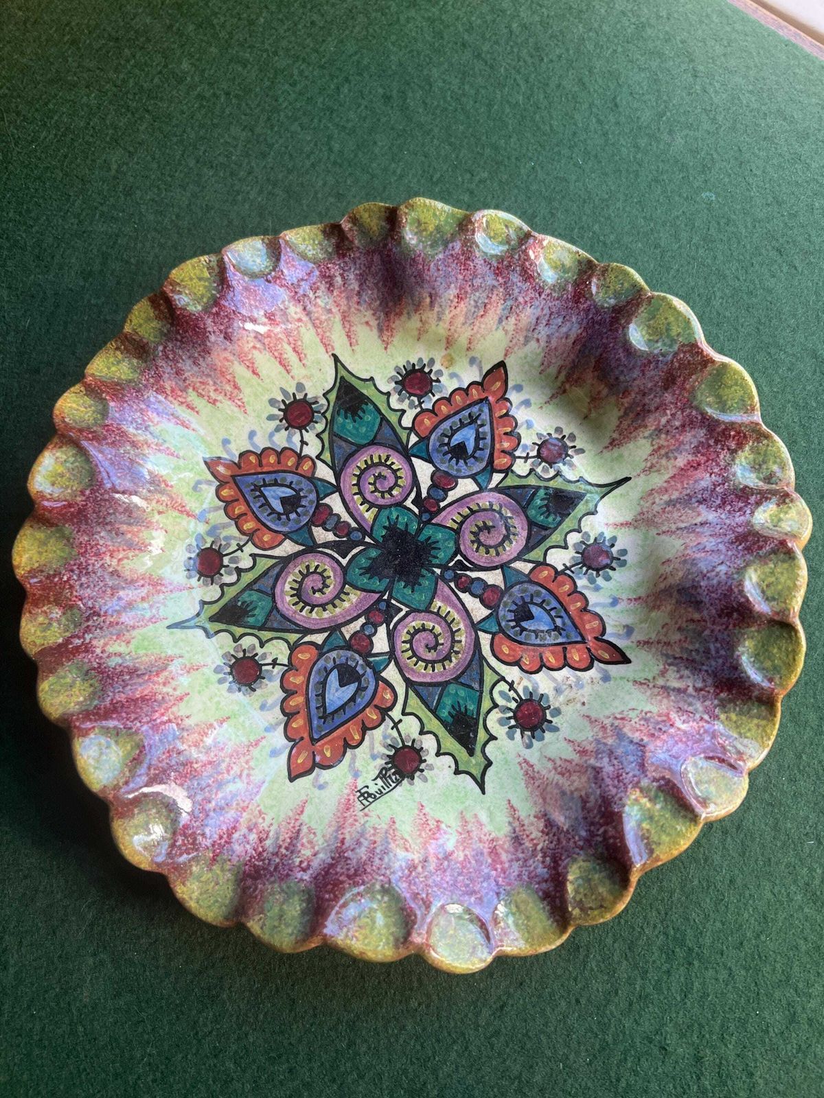 Decorative Faience Plate. Signed Paul Fouillen Quimper France. Hand Painted Floral Mandala Motif Scalloped Rim. Gallery Wall Decor.