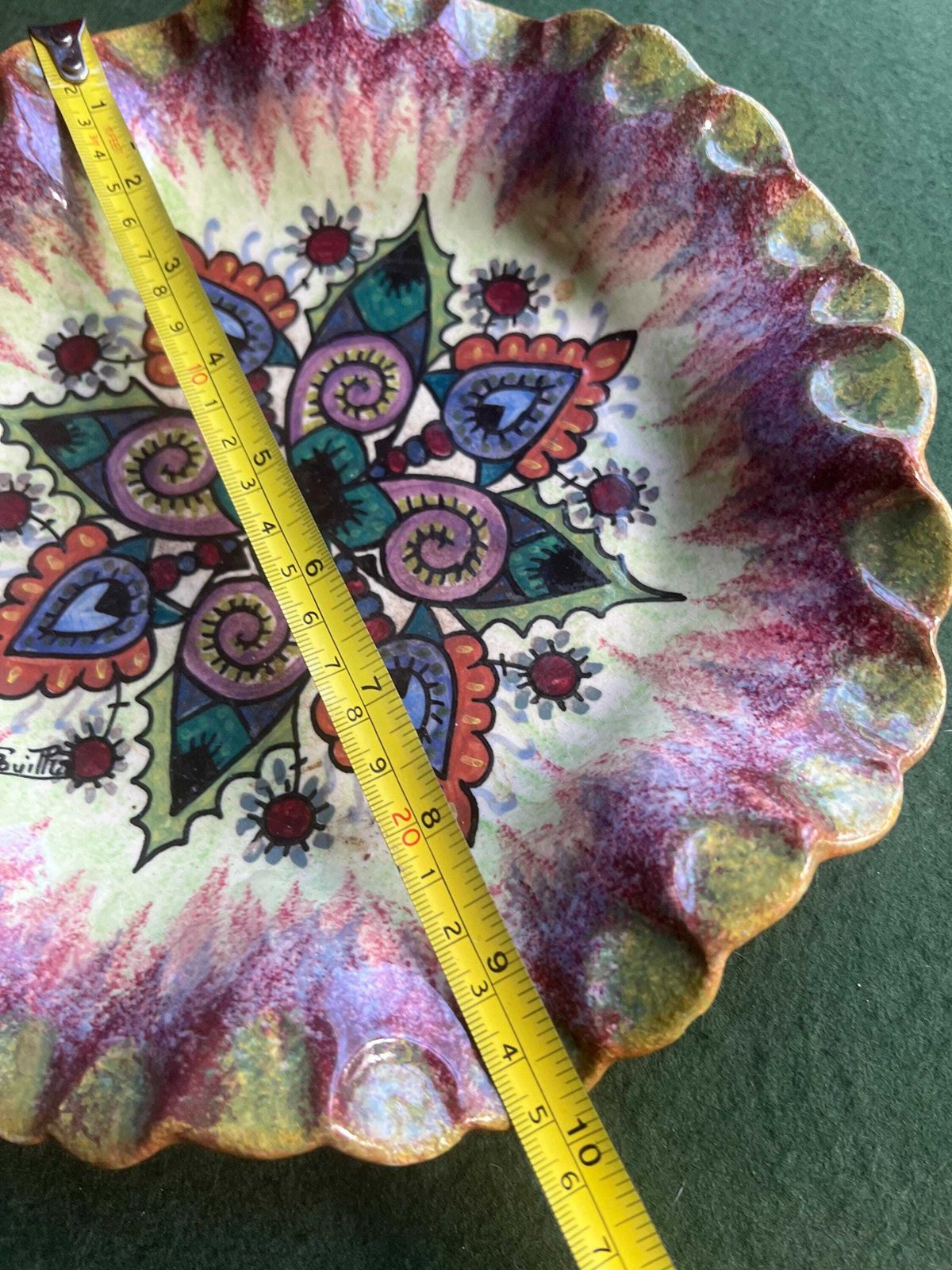 Decorative Faience Plate. Signed Paul Fouillen Quimper France. Hand Painted Floral Mandala Motif Scalloped Rim. Gallery Wall Decor. photo vinterior