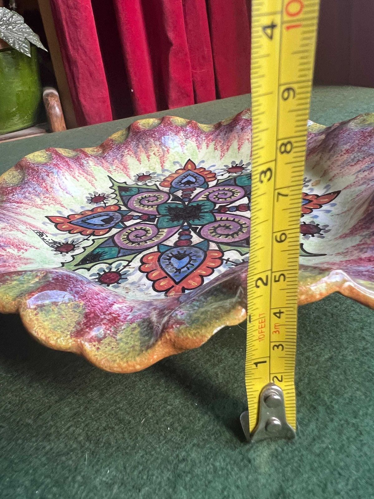 Decorative Faience Plate. Signed Paul Fouillen Quimper France. Hand Painted Floral Mandala Motif Scalloped Rim. Gallery Wall Decor. photo buy